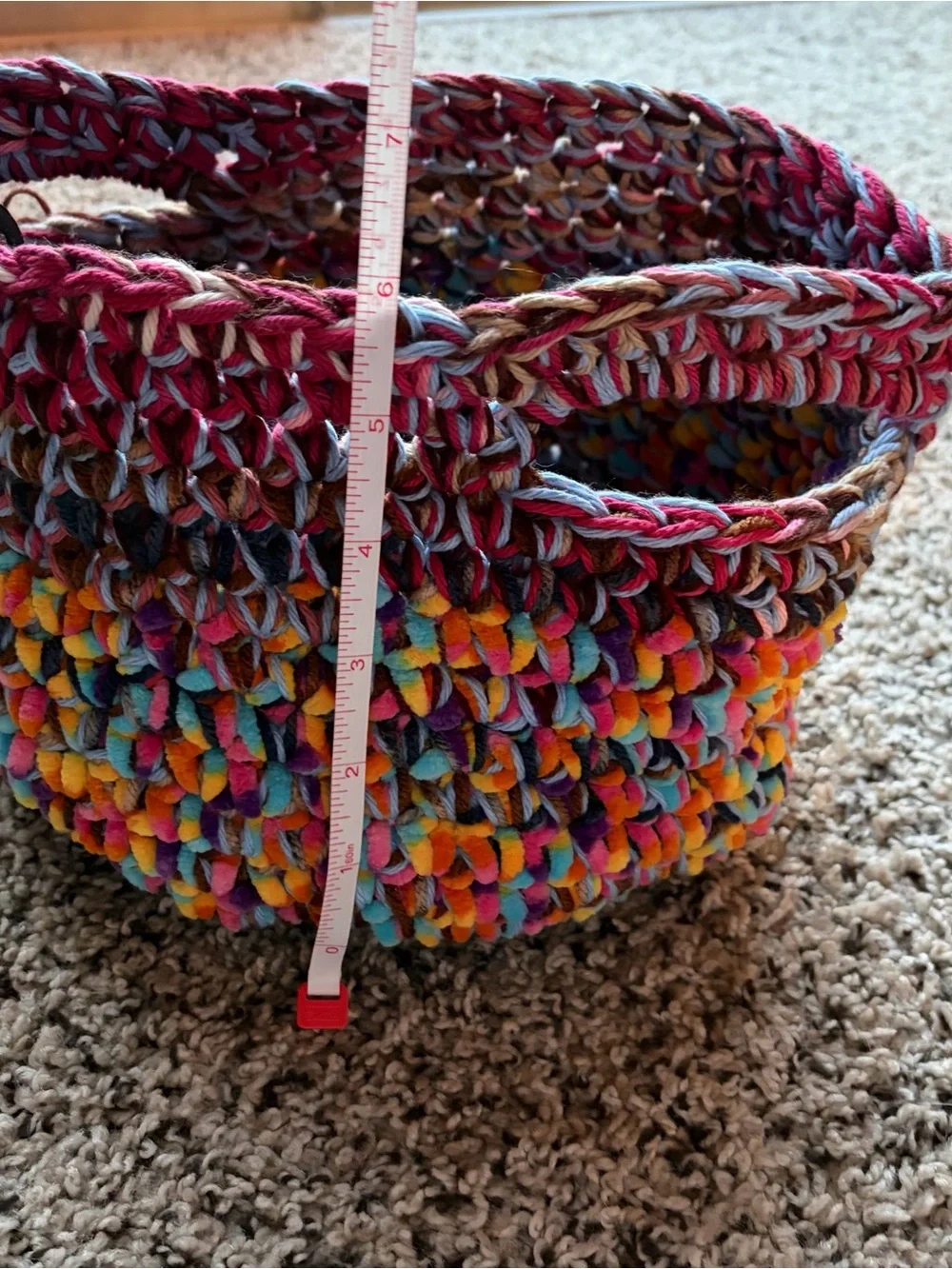Multicolored crochet scrap basket perfect for storage
